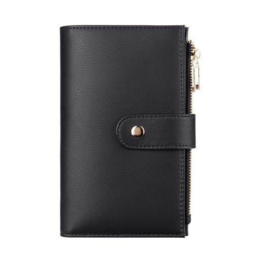 YJ-NEFELI Damen-Geldbörse, RFID-Kreditkarten-Geldbörse, Leder, dreifach gefaltet, Kreditkartenetui für Damen, Münzgeldbörse, mittlere Größe, mit Stifthalter, Schwarz , 6.5''x 4.2''x 1.4'', Casual von YJ-NEFELI