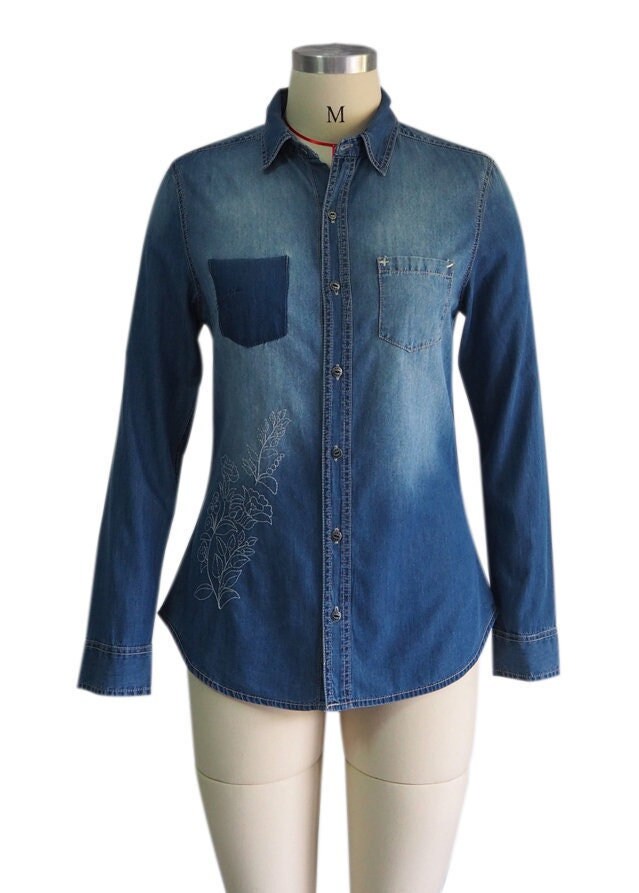 Frauen-Denim-Shirt Hand Stickerei, Button-Down-Denim-Hemd, Damen Top Bestickt Langarm-Denim, Blue Jeans Bluse von YJApparel