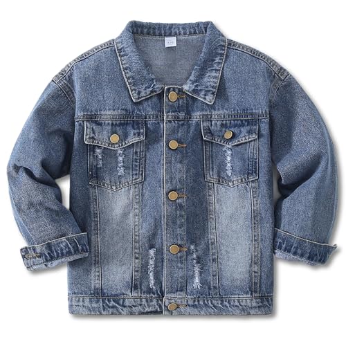 Jeansjacke Mädchen & Jungen 5-14J - Ripped Jeans Jacke Kinder Tops mit Streetstyle | Gr. 110-158 cm (5-6 jahre, 110-116 Blau) von YJBQ