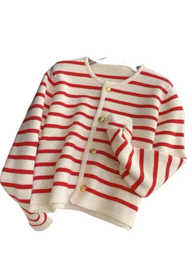 YJHLY Strickjacken Für Damen Cardigan Weiß Schwarz Gestreift Strickpullover Frauen Mode Pullover Winter Kurzer Cardigan Langarm Cardigan Weiblich-Red-M von YJHLY