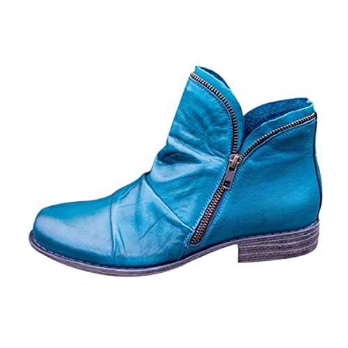 YJING Damen Stiefeletten Kurze Mode Winterstiefel Stiefel mit Reißverschluss Knöchel Stiefel Kurzschaft Boots Flache Chelsea Boots Retro Cowboy Stiefel Biker Boots Herbst Winter Schuhe(12-Blau,40) von YJING