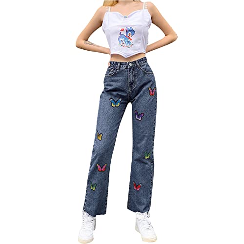 Jeans Damen High Waist Weites Bein - Straight, Jeanshose, Mit Schmetterlinge, Hip Hop Jeanshose, Boyfriend Denim Jeans Hose, Baggy Jeans Teenager MäDchen, E-Girl Wide Leg Harajuku 90er Streetwear von YJLX