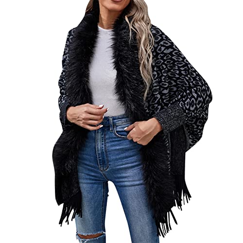 YJLX Poncho Damen Winter Warm Elegant Poncho Decke Kaschmir-Poncho Cape Strick-Poncho Kunstleder-Poncho Mantel Winter Poncho Schal Schulterjacke Geschenk FüR Frauen, Geburtstag, Weihnachten von YJLX