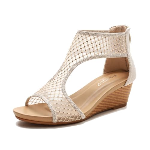 Bequeme Plateau-Sandalen Aus Mesh, Damen-Sommer-Sandalen Mit Offenem Zehenbereich Reißverschluss Hinten Und Plateau-Keilabsatz, Bequeme Atmungsaktive Strandschuhe, Passend Freizeithosen(Gold,43 EU) von YJMZDZQ
