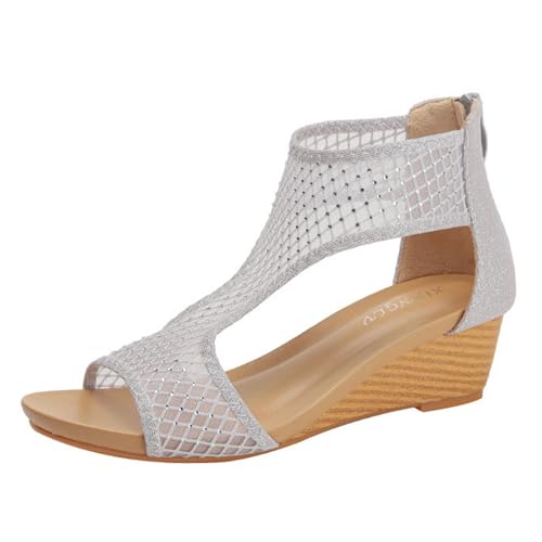 Bequeme Plateau-Sandalen Aus Mesh, Damen-Sommer-Sandalen Mit Offenem Zehenbereich Reißverschluss Hinten Und Plateau-Keilabsatz, Bequeme Atmungsaktive Strandschuhe, Passend Freizeithosen(Silver,42 EU) von YJMZDZQ
