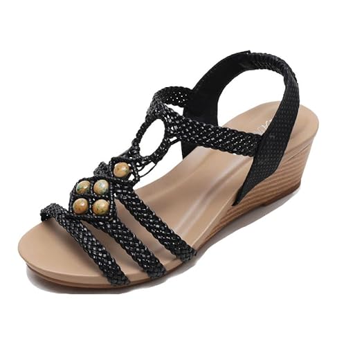 Boho-Keilsandalen, Damen-Keilsandalen Im Retro-Stil Mit Gewebten Perlen Offener Spitze Und Elastischem Knöchelriemen, Rutschfeste Plateau-Römerschuhe In Übergröße Für Den Sommer Allen(Black,40 EU) von YJMZDZQ