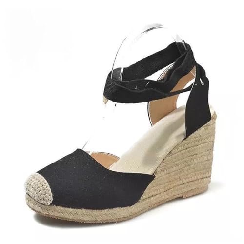 Damen-Espadrilles Mit Geschlossener Spitze Und Keilabsatz, Trendige Damen-Sommersandalen Mit Geflochtener Schnürung Plateau-Knöchelriemen Und Keilabsatz, Leicht Bequem Weite Passform(Black,42 EU) von YJMZDZQ