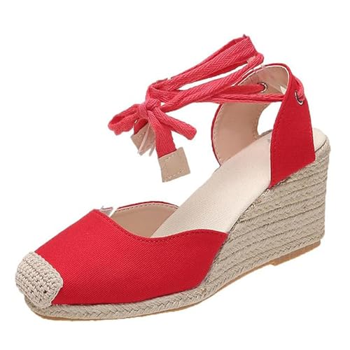 Damen-Espadrilles Mit Geschlossener Spitze Und Keilabsatz, Trendige Damen-Sommersandalen Mit Geflochtener Schnürung Plateau-Knöchelriemen Und Keilabsatz, Leicht Bequem Weite Passform(Red,36 EU) von YJMZDZQ