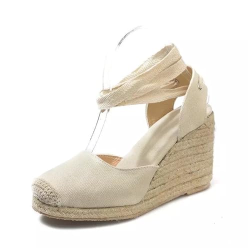 Damen-Espadrilles Mit Geschlossener Spitze Und Keilabsatz, Trendige Damen-Sommersandalen Mit Geflochtener Schnürung Plateau-Knöchelriemen Und Keilabsatz, Leicht Bequem Weite Passform(White,38 EU) von YJMZDZQ