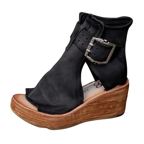Damen-Freizeitschuhe Für Den Strand, Damen-Vintage-Freizeitschuh Mit Fischmaul Offener Spitze Rutschfestem High-Top Und Dickem Keilabsatz, Passt Zu Allen Arten Von Kleidung Wie Jeans(Black,38 EU) von YJMZDZQ