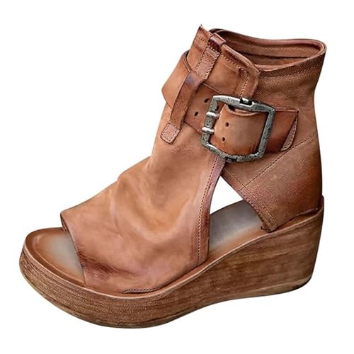 Damen-Freizeitschuhe Für Den Strand, Damen-Vintage-Freizeitschuh Mit Fischmaul Offener Spitze Rutschfestem High-Top Und Dickem Keilabsatz, Passt Zu Allen Arten Von Kleidung Wie Jeans(Brown,40 EU) von YJMZDZQ