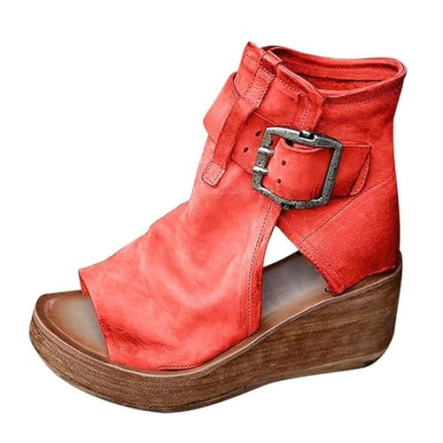 Damen-Freizeitschuhe Für Den Strand, Damen-Vintage-Freizeitschuh Mit Fischmaul Offener Spitze Rutschfestem High-Top Und Dickem Keilabsatz, Passt Zu Allen Arten Von Kleidung Wie Jeans(Red,39 EU) von YJMZDZQ