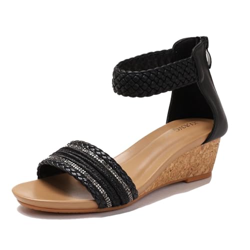 Damen-Keilsandalen, Modische Boho-Keilsandalen Mit Reißverschluss Hinten Elastischem Knöchelriemen Geflochtener Zehenpartie Und Offener Spitze, Freizeitschuhe Für Strand Und Urlaub(Black,40 EU) von YJMZDZQ