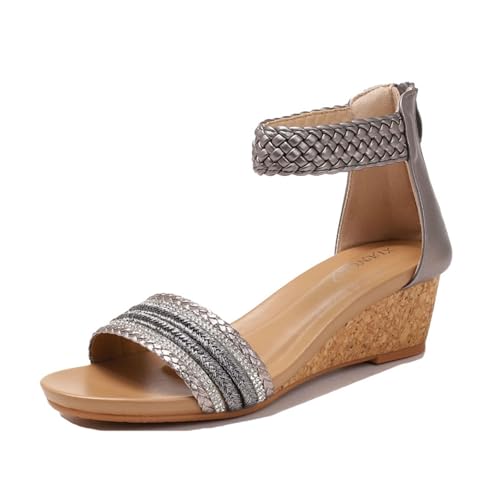 Damen-Keilsandalen, Modische Boho-Keilsandalen Mit Reißverschluss Hinten Elastischem Knöchelriemen Geflochtener Zehenpartie Und Offener Spitze, Freizeitschuhe Für Strand Und Urlaub(Gris,40 EU) von YJMZDZQ
