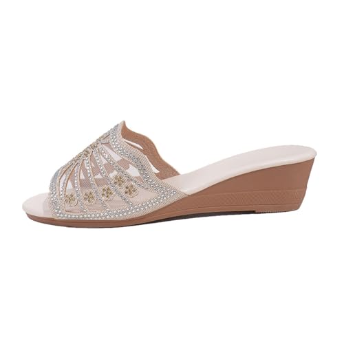 Damen-Keilsandalen, Modische Slipper Aus Atmungsaktivem Mesh Mit Offener Zehenpartie Und Strasssteinen, Bequeme Atmungsaktive Rutschfeste Strandschuhe, Für Hochzeiten, Lagerfeuer(Off-white,41 EU) von YJMZDZQ