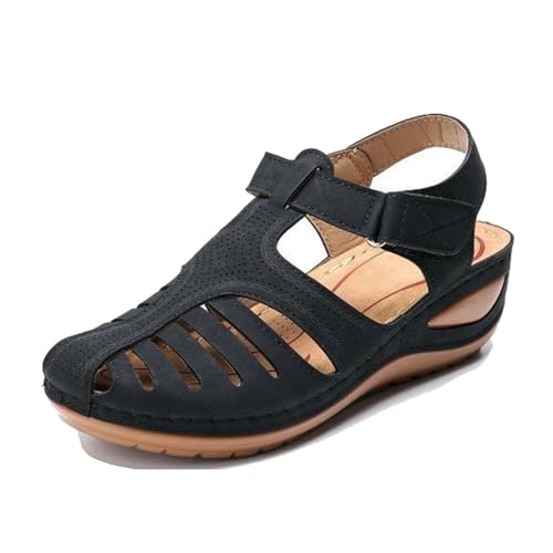 Damen-Plateau-Sandalen Keilabsatz, Retro-Sandalen Mit Verstellbarem Knöchelriemen Und Geschlossener Zehenpartie Im Vintage-Stil Mit Hohlkeilabsatz, Anti-Rutsch-Schuh Weichem Sohle(Black,35 EU) von YJMZDZQ