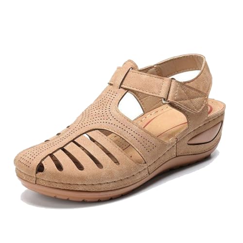 Damen-Plateau-Sandalen Keilabsatz, Retro-Sandalen Mit Verstellbarem Knöchelriemen Und Geschlossener Zehenpartie Im Vintage-Stil Mit Hohlkeilabsatz, Anti-Rutsch-Schuh Weichem Sohle(Cream White,37 EU) von YJMZDZQ