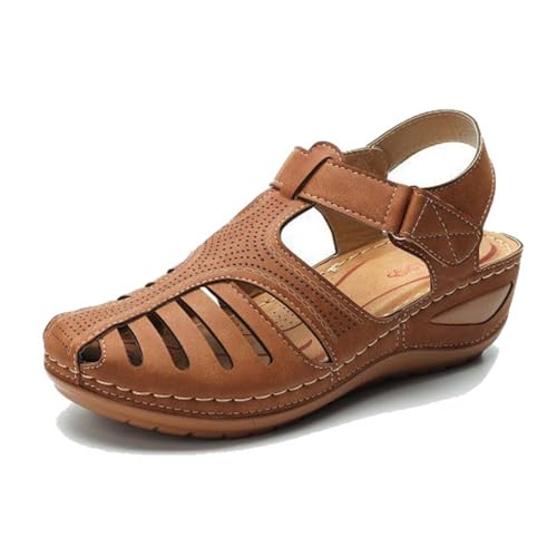 Damen-Plateau-Sandalen Keilabsatz, Retro-Sandalen Mit Verstellbarem Knöchelriemen Und Geschlossener Zehenpartie Im Vintage-Stil Mit Hohlkeilabsatz, Anti-Rutsch-Schuh Weichem Sohle(Dark Brown,36 EU) von YJMZDZQ