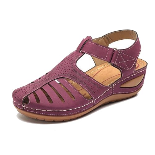 Damen-Plateau-Sandalen Keilabsatz, Retro-Sandalen Mit Verstellbarem Knöchelriemen Und Geschlossener Zehenpartie Im Vintage-Stil Mit Hohlkeilabsatz, Anti-Rutsch-Schuh Weichem Sohle(Purple,38 EU) von YJMZDZQ