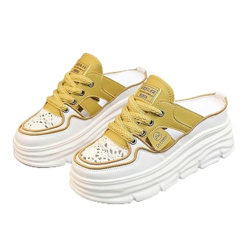 Damen-Plateau-Sandalen Mit Keilabsatz, Lässige Riemchensandalen Mit Geschlossener Zehenpartie Und Atmungsaktivem Keilabsatz, Modische Rutschfeste Und Leichte Outdoor-Schuhe Passend(Yellow,42 EU) von YJMZDZQ