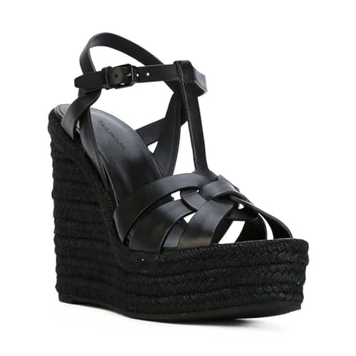 Damen-Plateau-Sandalen Mit Keilabsatz, Vintage-Espadrille-Sandalen Mit Verstellbarem Riemen Und Offener Spitze Geflochtenem Absatz Und Keilabsatz, Schlichte Bequeme Sommer Knöchelriemen(Black,39 EU) von YJMZDZQ