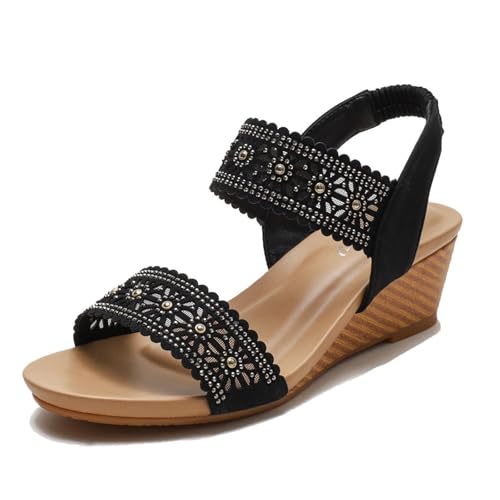 Damen-Sandalen Mit Keilabsatz, Atmungsaktive Sommer-Sandalen Mit Elastischem Knöchelriemen Und Mesh-Einsätzen, Leichte Rutschfeste Strandschuhe Im Feen-Stil, Passend Arten Kleidung(Black,41 EU) von YJMZDZQ