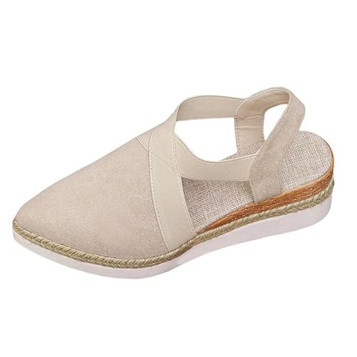 Damen-Sandalen Mit Keilabsatz Aus Jute, Outdoor-Sandalen Mit Spitzer Spitze Geschlossener Zehenpartie Elastischem Knöchelriemen Aus Hanfseil Und Mittelhohem Atmungsaktiver(Beige,43 EU) von YJMZDZQ
