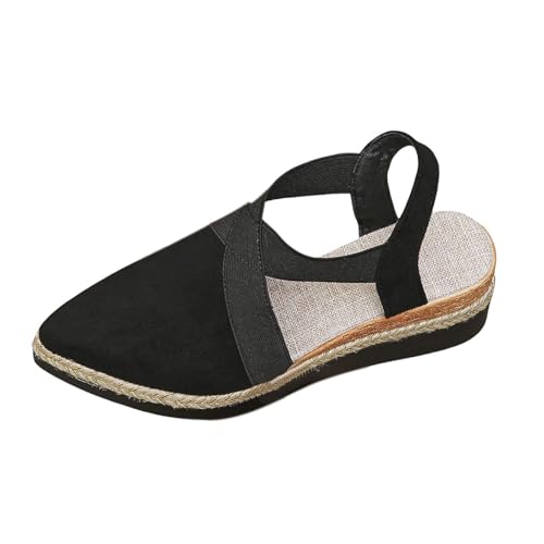 Damen-Sandalen Mit Keilabsatz Aus Jute, Outdoor-Sandalen Mit Spitzer Spitze Geschlossener Zehenpartie Elastischem Knöchelriemen Aus Hanfseil Und Mittelhohem Atmungsaktiver(Black,37 EU) von YJMZDZQ