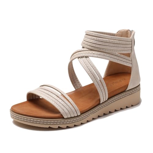 Damen-Sandalen Mit Mittelhohem Keilabsatz, Damen-Sommersandalen Mit Geflochtenem Hohlsaum Reißverschluss Offener Zehenpartie Und Atmungsaktivem Keilabsatz, Bequeme Römischem Absatz(Beige,39 EU) von YJMZDZQ