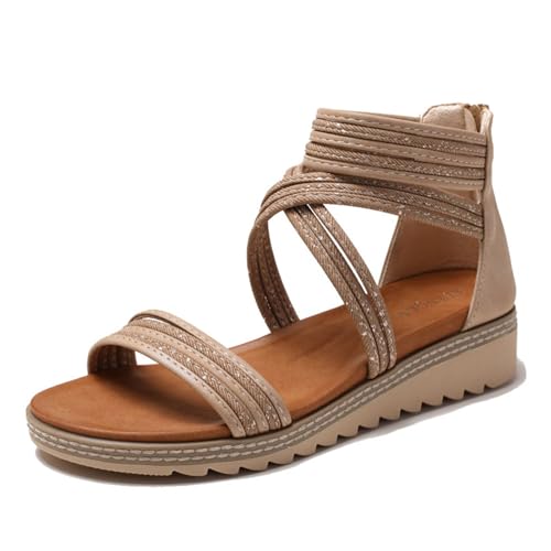 Damen-Sandalen Mit Mittelhohem Keilabsatz, Damen-Sommersandalen Mit Geflochtenem Hohlsaum Reißverschluss Offener Zehenpartie Und Atmungsaktivem Keilabsatz, Bequeme Römischem Absatz(Brown,42 EU) von YJMZDZQ