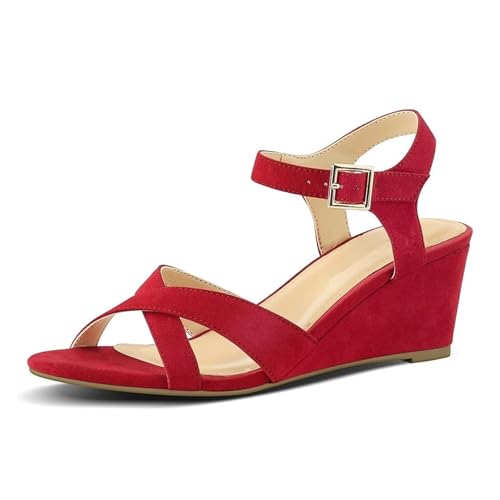 Damen-Sandalen Mit Niedrigem Keilabsatz, Damen-Sandalen Mit Offenem Zehenbereich Verstellbarer Schnalle Und Knöchelriemen, Modische Bequeme Rutschfeste Strandschuhe, Für Partys(Red,37 EU) von YJMZDZQ