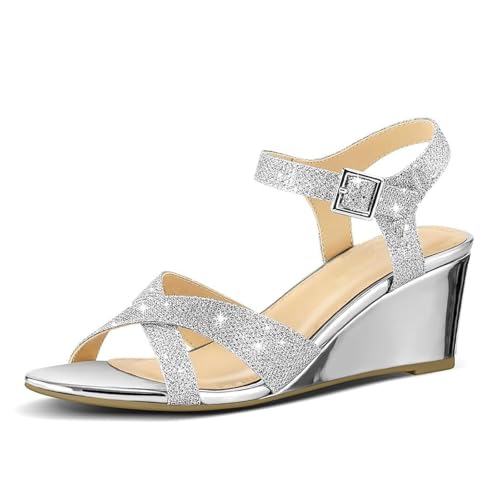 Damen-Sandalen Mit Niedrigem Keilabsatz, Damen-Sandalen Mit Offenem Zehenbereich Verstellbarer Schnalle Und Knöchelriemen, Modische Bequeme Rutschfeste Strandschuhe, Für Partys(Silver,42 EU) von YJMZDZQ
