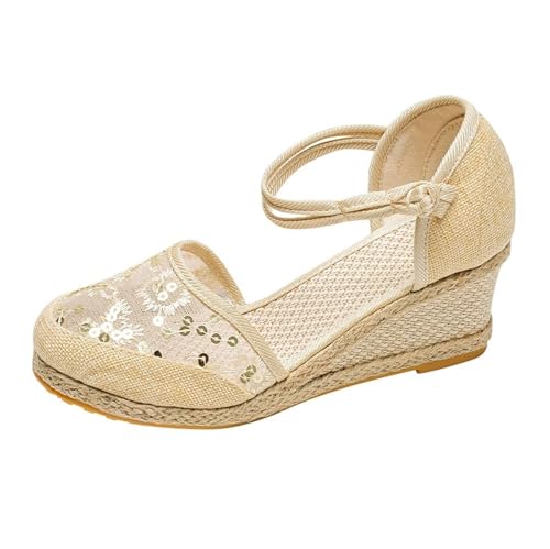 Damen-Sandalen Mit Niedrigem Keilabsatz, Modische Sandalen Mit Pailletten Spitze Mesh Atmungsaktiv Geschlossene Zehenpartie Plateau-Keilabsatz, Atmungsaktiver Sommerschuh Schnalle Absatz(Beige,37 EU) von YJMZDZQ