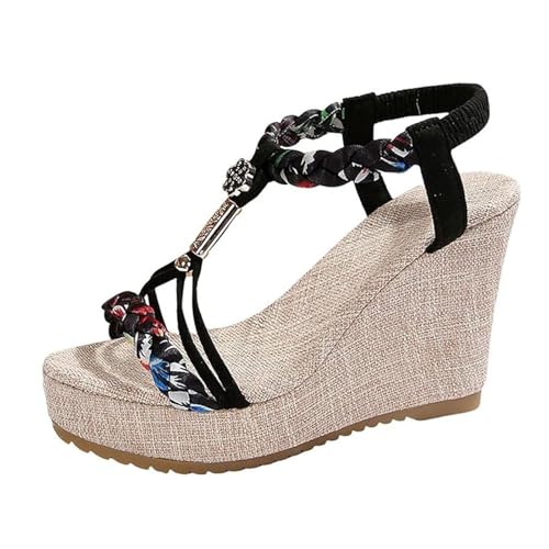 Damen-Sandalen Mit Offenem Zehenbereich Elastischem Knöchelriemen Blockabsatz Und Plateau-Keilabsatz, Bequeme Rutschfeste Boho-Strandsandalen, Passend Zu Allen Arten Von Kleidung Wie(Black,39 EU) von YJMZDZQ