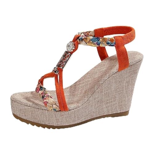 Damen-Sandalen Mit Offenem Zehenbereich Elastischem Knöchelriemen Blockabsatz Und Plateau-Keilabsatz, Bequeme Rutschfeste Boho-Strandsandalen, Passend Zu Allen Arten Von Kleidung Wie(Orange,41 EU) von YJMZDZQ