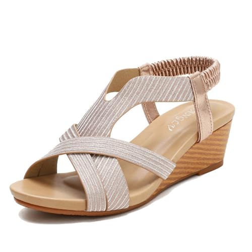 Damen-Sandalen Mit Offener Spitze Und Keilabsatz, Bequeme Sommer-Boho-Sandalen Mit Elastischem Knöchel-Plateau Und Keilabsatz, Rutschfeste Leichte Outdoor-Schuhe Römischer, Für Büro(Champagne,39 EU) von YJMZDZQ