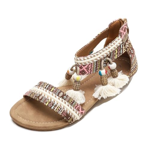 Damen-Sandalen Mit Plateau Und Niedrigem Absatz, Modische Boho-Sandalen Mit Offenem Zehenbereich Reißverschluss Hinten Und Niedrigem Keilabsatz, Atmungsaktive Rutschfeste Akzenten(Brown,42 EU) von YJMZDZQ