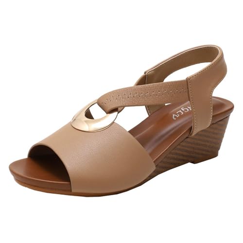 Damen-Sandalen Mit Verstellbarem Knöchelriemen Und Offener Zehenpartie Und Plateau-Keilabsatz， Lässige Modische Atmungsaktive Strandschuhe Für Den Sommer. Für Shopping, Partys, Büro(Apricot,37 EU) von YJMZDZQ