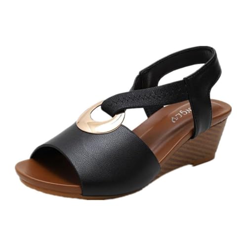 Damen-Sandalen Mit Verstellbarem Knöchelriemen Und Offener Zehenpartie Und Plateau-Keilabsatz， Lässige Modische Atmungsaktive Strandschuhe Für Den Sommer. Für Shopping, Partys, Büro(Black,38 EU) von YJMZDZQ