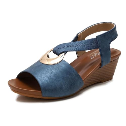Damen-Sandalen Mit Verstellbarem Knöchelriemen Und Offener Zehenpartie Und Plateau-Keilabsatz， Lässige Modische Atmungsaktive Strandschuhe Für Den Sommer. Für Shopping, Partys, Büro(Blue,37 EU) von YJMZDZQ