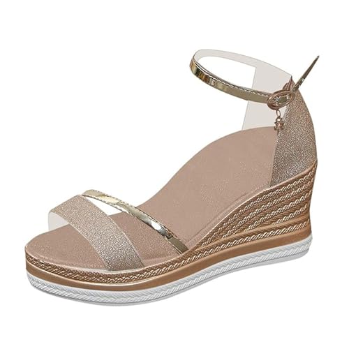 Damen-Sandalen Mit Verstellbarer Schnalle Und Glitzer-Plateau-Keilabsatz, Sommer-Riemchensandalen Mit Offener Spitze Rutschfest Atmungsaktive Sandalen, Für Spaziergänge Unterhaltung(Gold,38 EU) von YJMZDZQ
