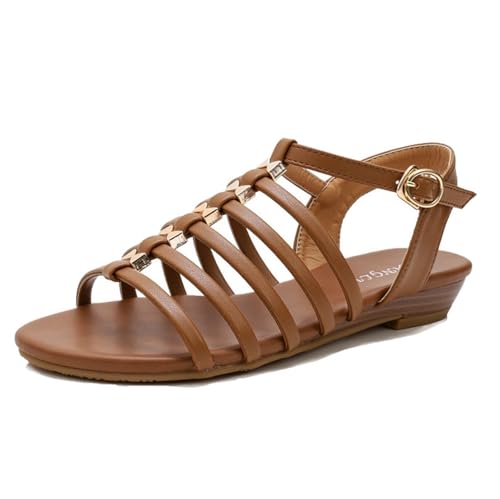 Damen Sommer-Strandsandalen Mit Kreuzriemen Verstellbarer Schnalle Und Niedrigem Keilabsatz， Modische Offene Zehenpartie Rutschfeste Atmungsaktive Strandsandalen， Für Strand, Meetings(Brown,40 EU) von YJMZDZQ