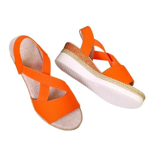 Damen-Sommersandalen Mit Keilabsatz, Modische Sandalen Mit Offenem Zehenbereich Verstellbarem Elastischem Plateau-Keilabsatz Und Kreuzriemen, Bequeme rutschfeste Sportschuhe(Orange,43 EU) von YJMZDZQ
