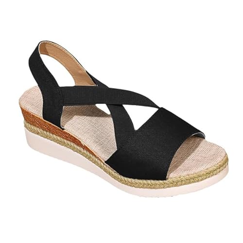 Damen-Sommersandalen Mit Keilabsatz, Modische Sandalen Mit Offenem Zehenbereich Verstellbarem Elastischem Plateau-Keilabsatz Und Kreuzriemen, Bequeme rutschfeste Sportschuhe(Black,38 EU) von YJMZDZQ