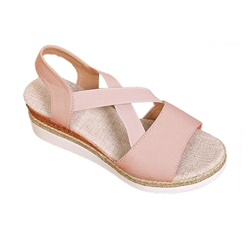 Damen-Sommersandalen Mit Keilabsatz, Modische Sandalen Mit Offenem Zehenbereich Verstellbarem Elastischem Plateau-Keilabsatz Und Kreuzriemen, Bequeme rutschfeste Sportschuhe(Pink,42 EU) von YJMZDZQ