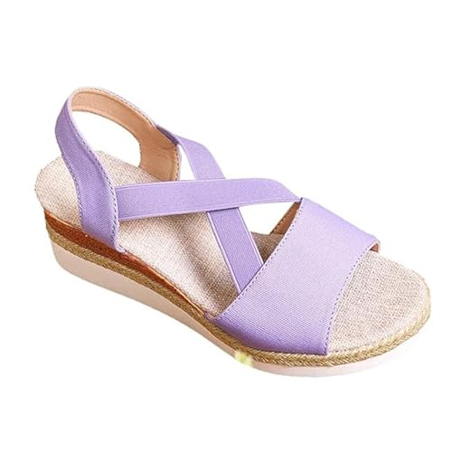 Damen-Sommersandalen Mit Keilabsatz, Modische Sandalen Mit Offenem Zehenbereich Verstellbarem Elastischem Plateau-Keilabsatz Und Kreuzriemen, Bequeme rutschfeste Sportschuhe(Purple,42 EU) von YJMZDZQ