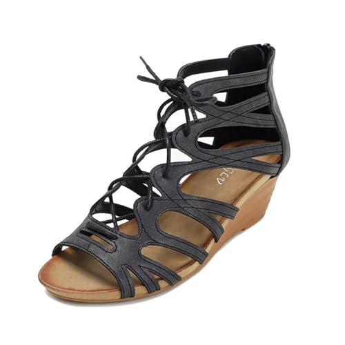 Damensandalen Mit Mittelhohem Keilabsatz, Retro-Sandalen Mit Offener Spitze Riemchenverschluss Hinten Und Fischmaul-Keilabsatz, Lässige Plateau-Strandschuhe Römischem Absatz, Für Reisen(Black,39 EU) von YJMZDZQ