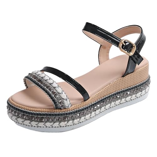 Damensandalen Mit Mittelhohem Keilabsatz, Sommer-Sandalen Mit Verstellbarer Schnalle Und Offenem Zehenbereich Fischmaul-Keilabsatz Für Damen, Freizeit- Rutschfeste Plateau-Strandschuhe(A black,37 EU) von YJMZDZQ
