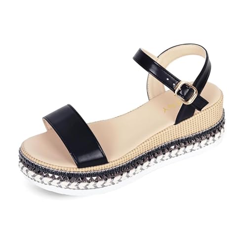 Damensandalen Mit Mittelhohem Keilabsatz, Sommer-Sandalen Mit Verstellbarer Schnalle Und Offenem Zehenbereich Fischmaul-Keilabsatz Für Damen, Freizeit- Rutschfeste Plateau-Strandschuhe(B black,41 EU) von YJMZDZQ