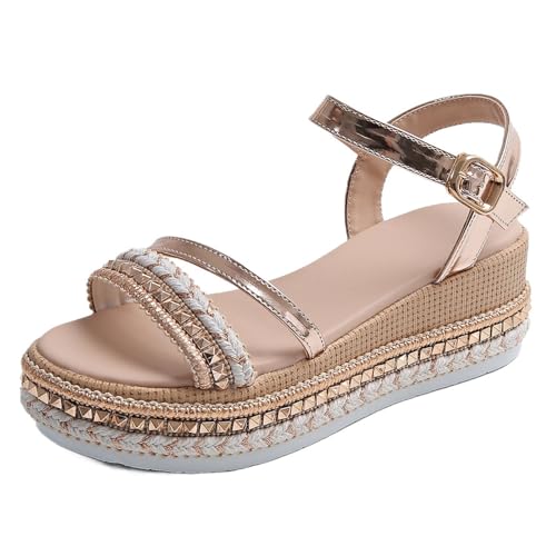 Damensandalen Mit Mittelhohem Keilabsatz, Sommer-Sandalen Mit Verstellbarer Schnalle Und Offenem Zehenbereich Fischmaul-Keilabsatz Für Damen, Freizeit- Rutschfeste Plateau-Strandschuhe(Gold,42 EU) von YJMZDZQ
